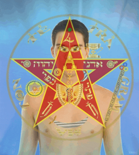 a man 's chest is surrounded by a red star with hebrew symbols