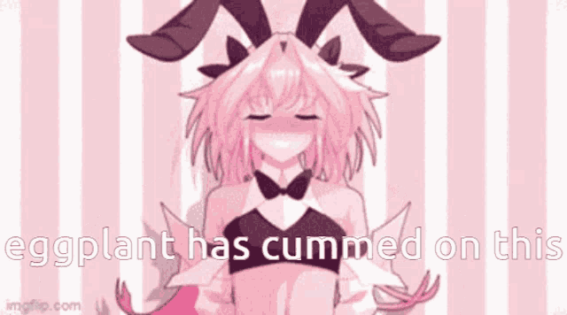a girl with long pink hair is standing in front of a pink and white striped background with the words `` eggplant has cummed on this ''