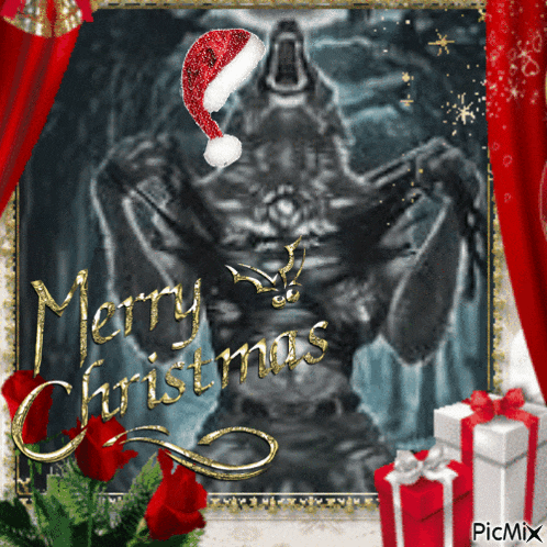 a picture of a wolf wearing a santa hat with merry christmas written on it
