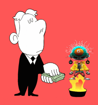 a cartoon of a man holding a stack of money next to a cartoon of a robot with a ball on his head