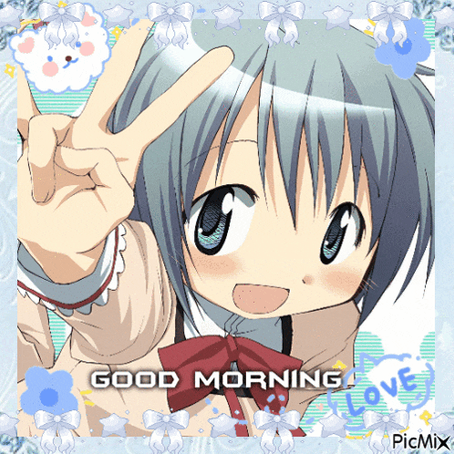 a picture of a girl giving a peace sign with the words good morning love on the bottom