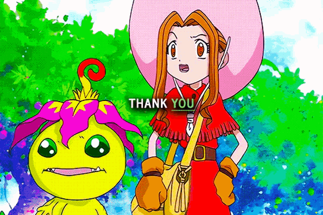 a girl in a cowboy hat is standing next to a yellow monster with the words thank you written in the corner