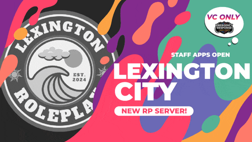 an advertisement for lexington city roleplay shows a wave and says staff apps open
