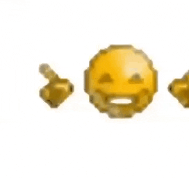 a pixelated smiley face with two fingers pointing to the right and left .