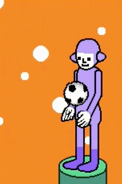 a pixel art cartoon of a purple monkey kicking a soccer ball