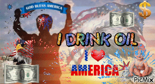 a poster that says god bless america i drink oil america