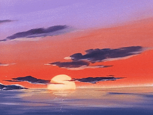 a painting of a sunset over the ocean with clouds