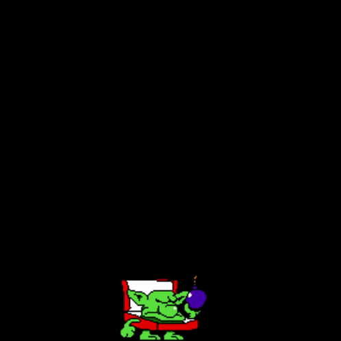 a pixel art drawing of a green goblin sitting in a bed