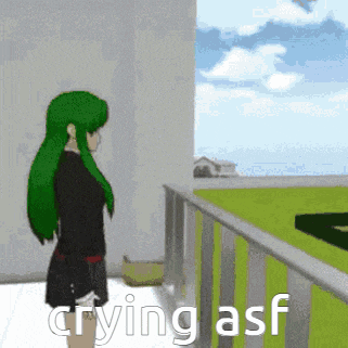 a girl with green hair is crying on a balcony