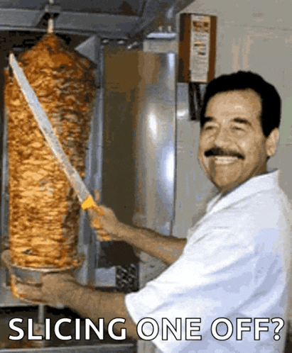 a man is smiling while cutting a piece of meat with the words " slice one off " behind him