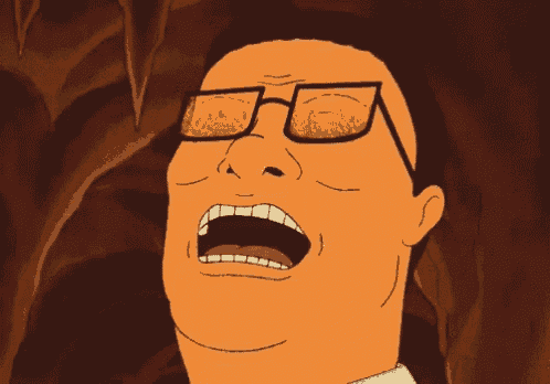 a cartoon character with glasses is making a funny face with his mouth open