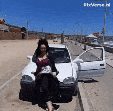 a woman is standing next to a white car with pixverse.ai written on the bottom