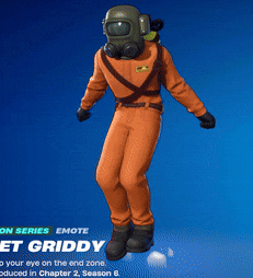 a video game character named et griddy is wearing an orange suit