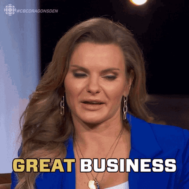 a woman in a blue jacket says great business on a screen