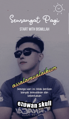 a man wearing sunglasses stands in front of a sign that says semangat pagi