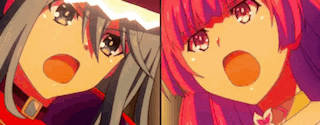 two anime girls are standing next to each other and looking up at the camera .