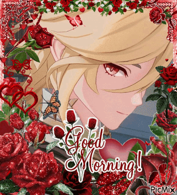 a picture of a girl with red roses and hearts with the words good morning