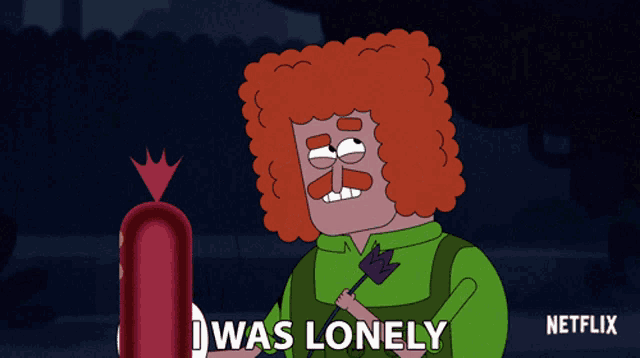 a cartoon of a man holding a sausage with the words " i was lonely " below him