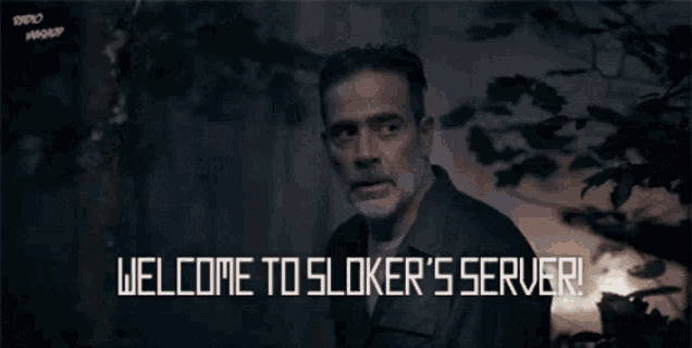 a man with a beard stands in a dark forest with the words welcome to sloker 's server