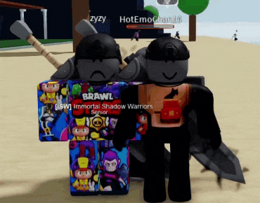 two roblox characters standing next to each other with one wearing a brawl usw immortal shadow warriors shirt