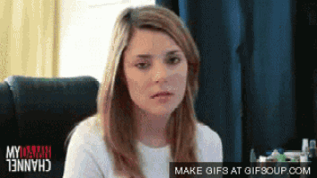 a woman is sitting on a couch with a gif that says make gifs at gifsoup.com in the background