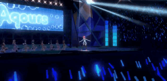 a girl is standing on a stage in front of a large screen that says aqours on it