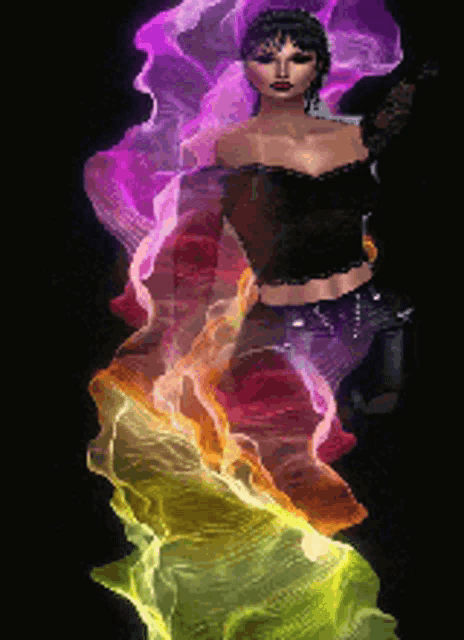 a woman in a black top is standing in front of a rainbow colored background