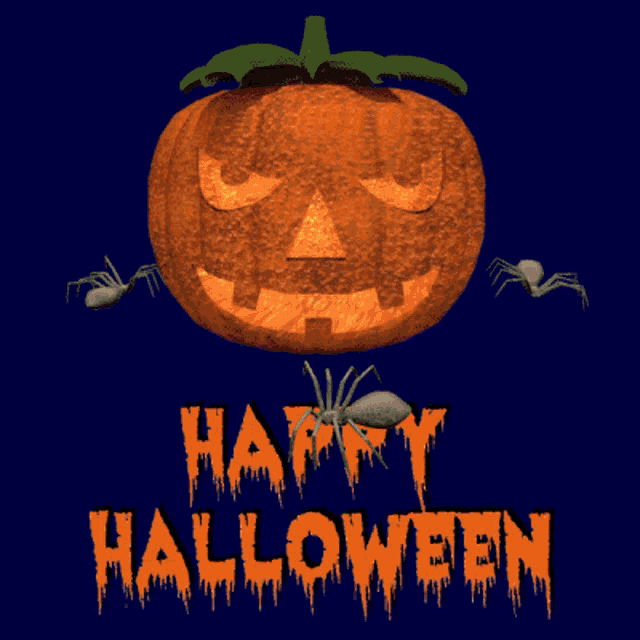 a happy halloween greeting card with a pumpkin and two spiders
