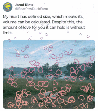 a tweet by jarod kintz shows a picture of hearts and the words " my heart has defined size "