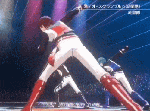 a group of anime characters are dancing on a stage in front of a crowd