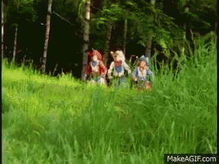 three stuffed animals are walking through a grassy field with the website makeagif.com visible