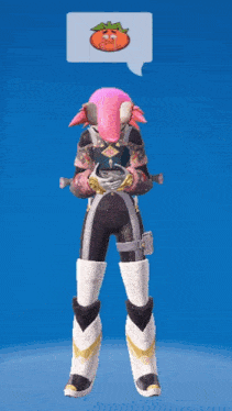 a video game character with a speech bubble that has a pumpkin on it