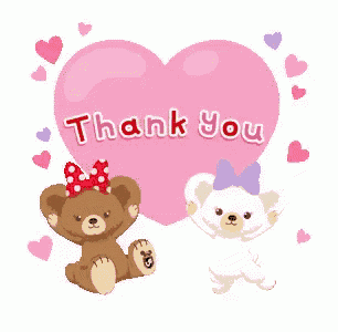 two teddy bears are standing in front of a pink heart that says thank you .