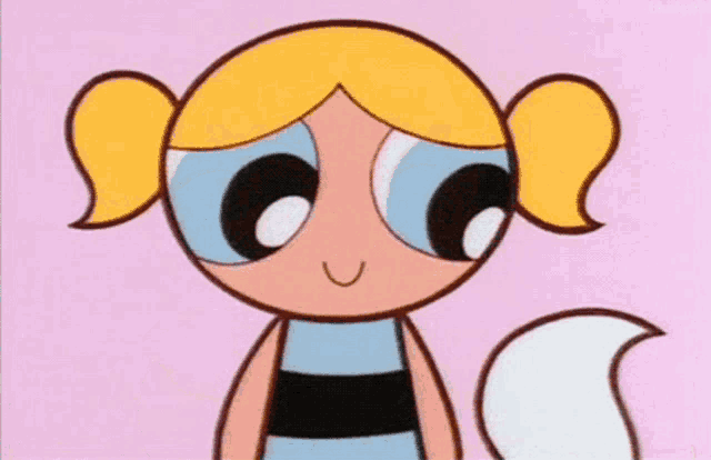 bubbles from the powerpuff girls is holding a white tail