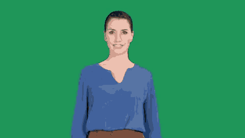 a woman in a blue shirt is making a surprised face .