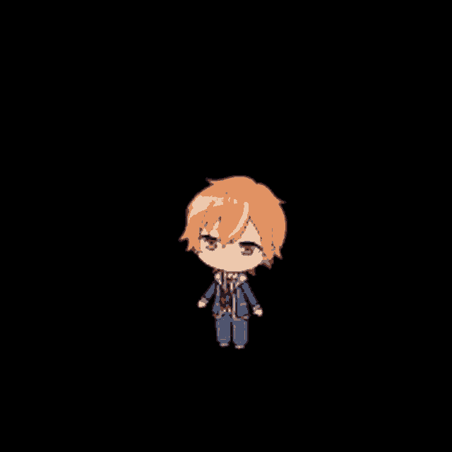 a cartoon character with orange hair and brown eyes is standing on a black background .