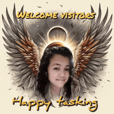 a picture of a girl with angel wings says welcome visitors happy tasking