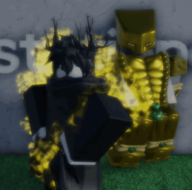 a cartoon character with a crown on his head is standing next to a cartoon character with a yellow body