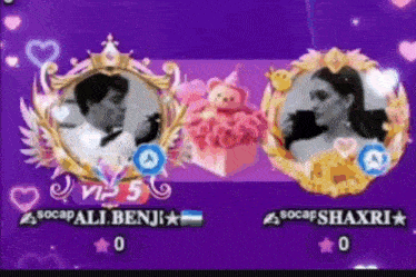 a man and a woman are sitting next to each other on a purple screen