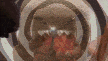 a stuffed animal with sharp teeth is surrounded by a hypnotic spiral