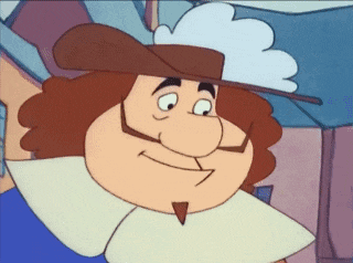 a cartoon character wearing a hat and a white feather