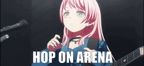 a girl with pink hair is holding a guitar and singing into a microphone with the words hop on arena written below her