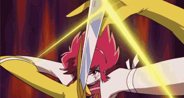 a cartoon character with red hair is holding a sword in her right hand