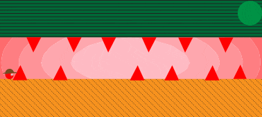 a cartoon drawing of a red triangle with a green background