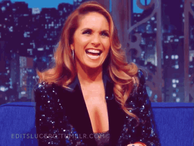 a woman in a sequined jacket is laughing and the website editslucero.tumblr.com is visible in the corner