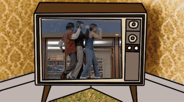 a cartoon drawing of three men dancing on a television screen