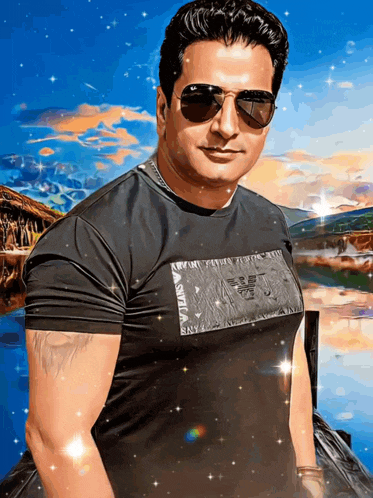 a man wearing sunglasses and a black shirt that says stella artois on it