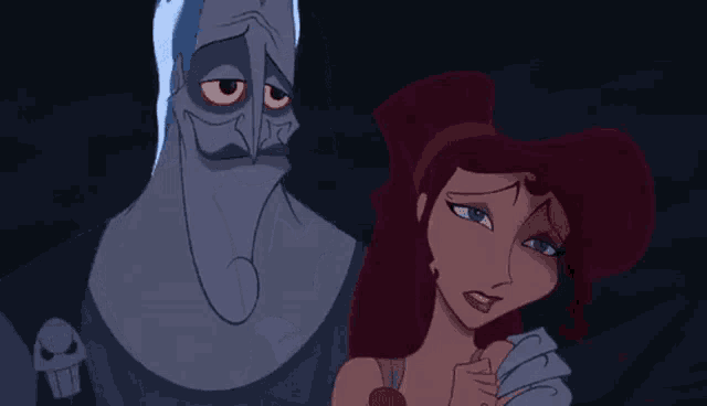 a couple of cartoon characters standing next to each other .