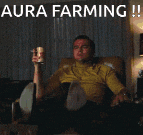 a man sitting in a chair with the words aura farming on the bottom
