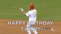 a baseball player is giving a thumbs up and saying `` happy birthday tyler ! ''
